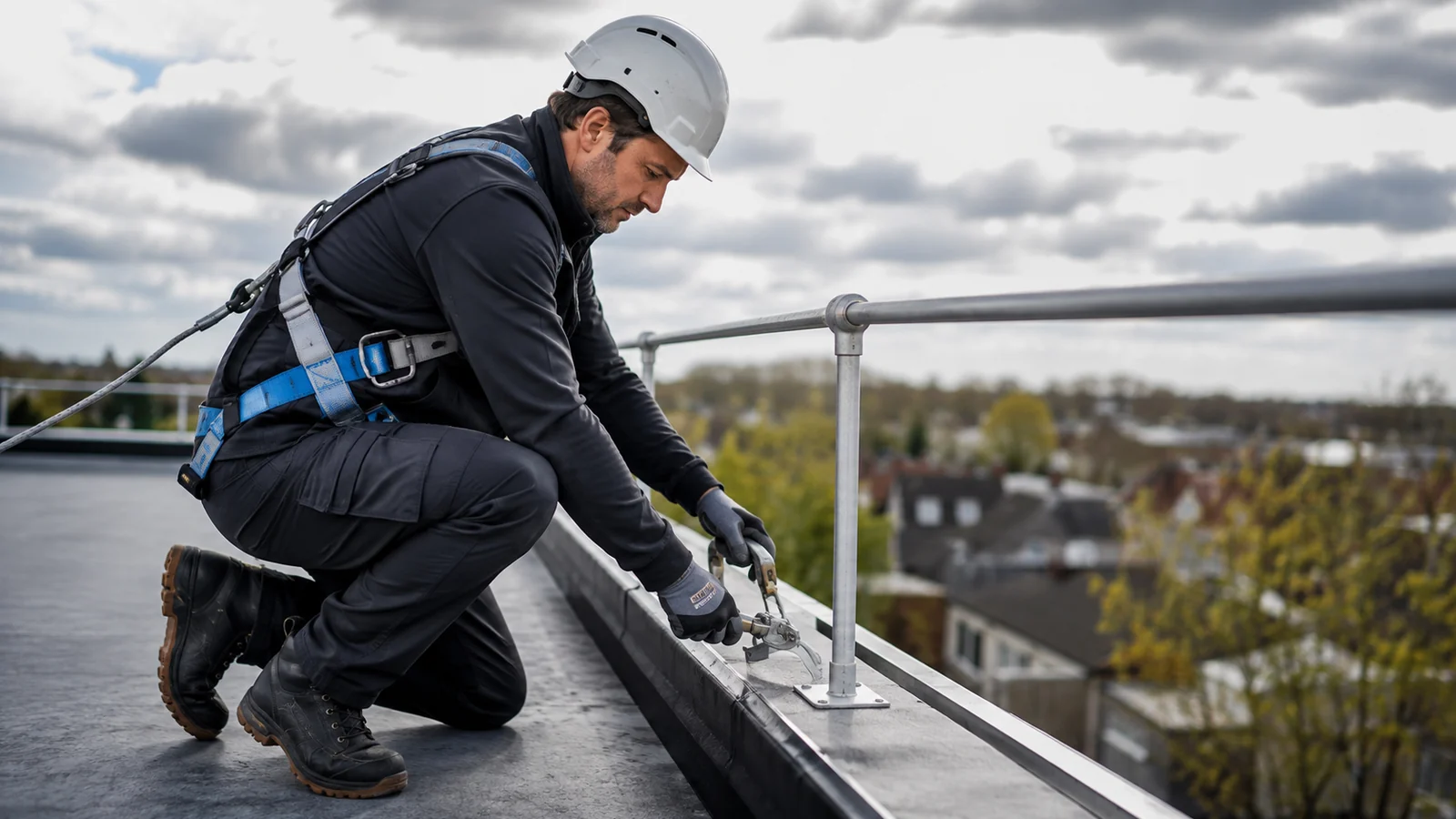 Dakdekker aan het werk op hoogte.